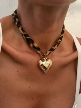 ✨"Kira" Leopard Print Choker Puffy Heart Pendant Necklace✨